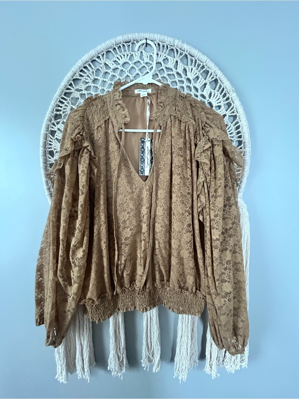 Ultra Pink Lace Peasant Blouse in Camel Brown